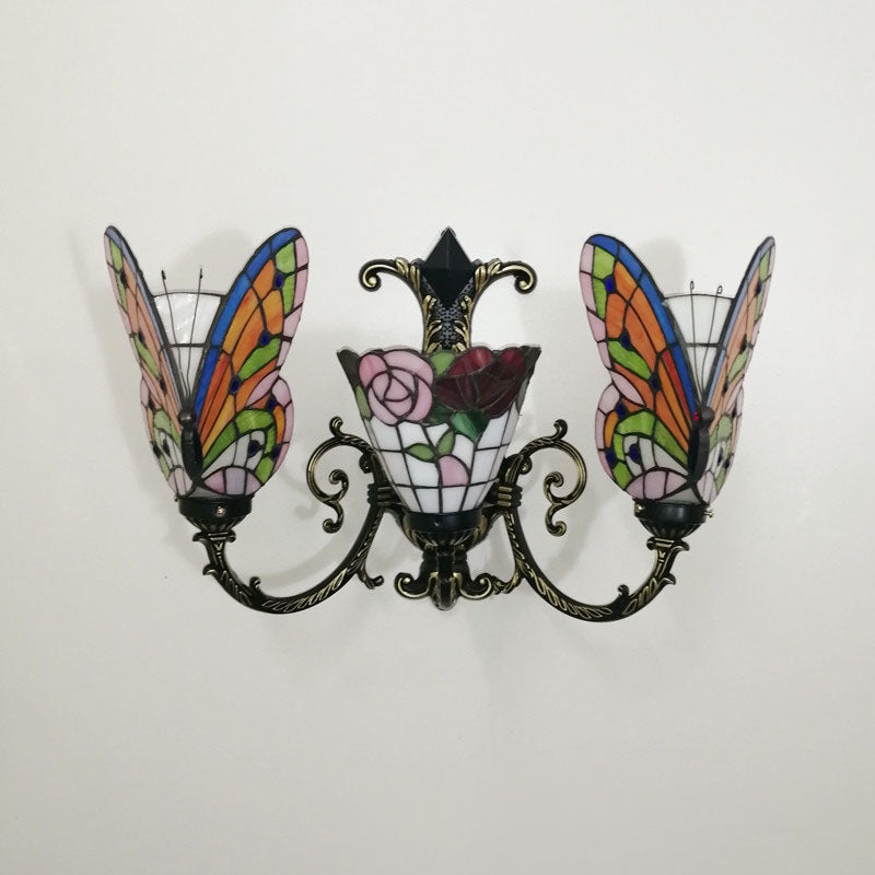 Traditional Tiffany European Butterfly Alloy Iron Glass 3-Light Wall Sconce Lamp For Hallway