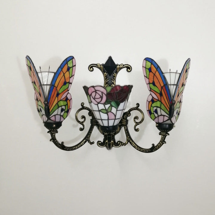 Traditional Tiffany European Butterfly Alloy Iron Glass 3-Light Wall Sconce Lamp For Hallway