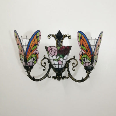 Traditional Tiffany European Butterfly Stained Glass 3-Light Wall Sconce Lamp For Hallway