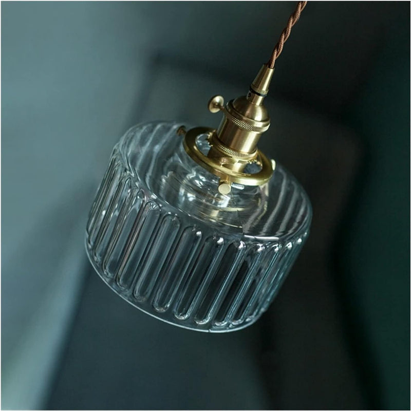 Suspension Luminaire à 1 Lumière pour Salon avec Abat-Jour Cylindrique en Verre Rainuré en Laiton Antique Traditionnel Vintage 