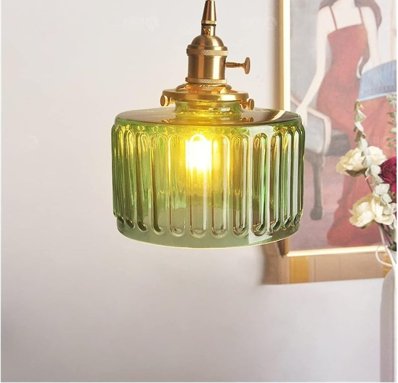 Suspension Luminaire à 1 Lumière pour Salon avec Abat-Jour Cylindrique en Verre Rainuré en Laiton Antique Traditionnel Vintage 