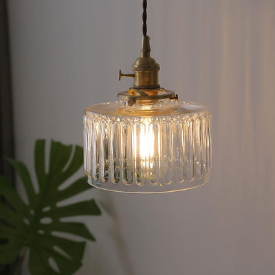 Suspension Luminaire à 1 Lumière pour Salon avec Abat-Jour Cylindrique en Verre Rainuré en Laiton Antique Traditionnel Vintage 