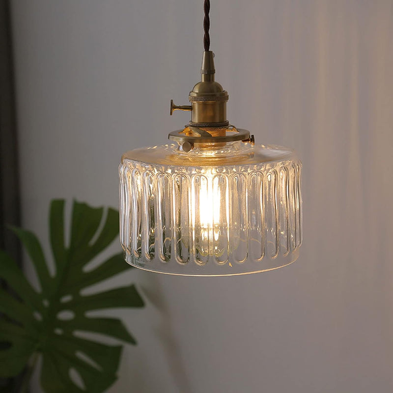 Suspension Luminaire à 1 Lumière pour Salon avec Abat-Jour Cylindrique en Verre Rainuré en Laiton Antique Traditionnel Vintage 