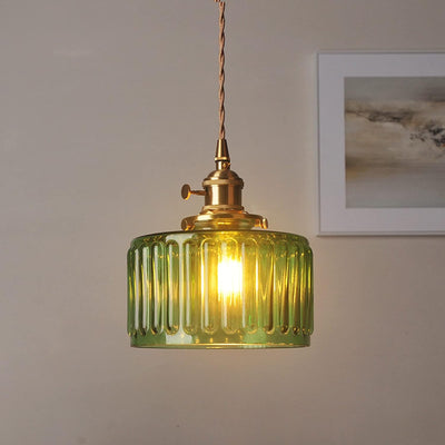 Suspension Luminaire à 1 Lumière pour Salon avec Abat-Jour Cylindrique en Verre Rainuré en Laiton Antique Traditionnel Vintage 