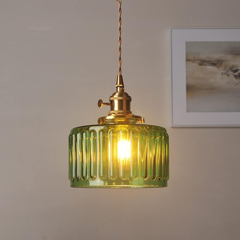 Suspension Luminaire à 1 Lumière pour Salon avec Abat-Jour Cylindrique en Verre Rainuré en Laiton Antique Traditionnel Vintage 