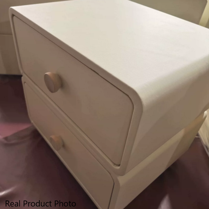 Table de chevet moderne minimaliste en faux cuir et bois massif arrondi avec 2 tiroirs pour chambre 