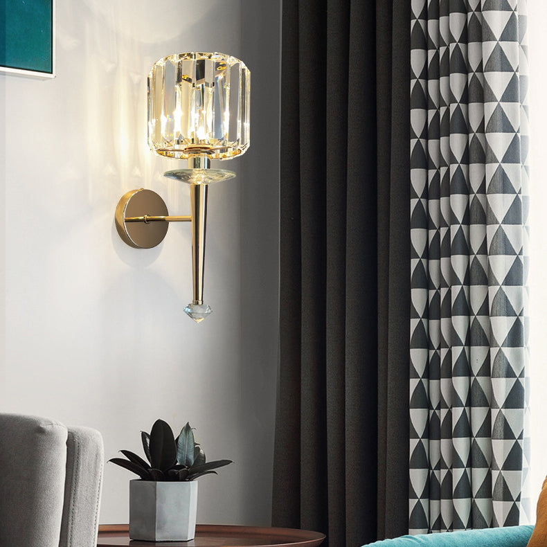 Modern Luxury Metal Iron Stainless Steel Crystal Ball Cylinder 1-Light Wall Sconce Lamp For Bedside