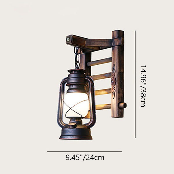 Aplique de pared de 1 luz estilo industrial contemporáneo con lámpara de queroseno, cuerda de cáñamo, base de bambú y cordel de hierro 