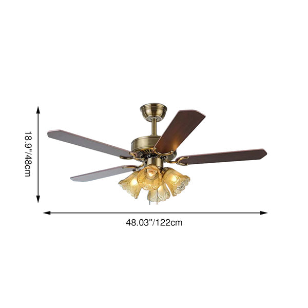 Ventilateur de plafond avec lumière à 4 lampes, abat-jour en verre fleur, ventilateur en bois et fer rétro traditionnel pour salon 