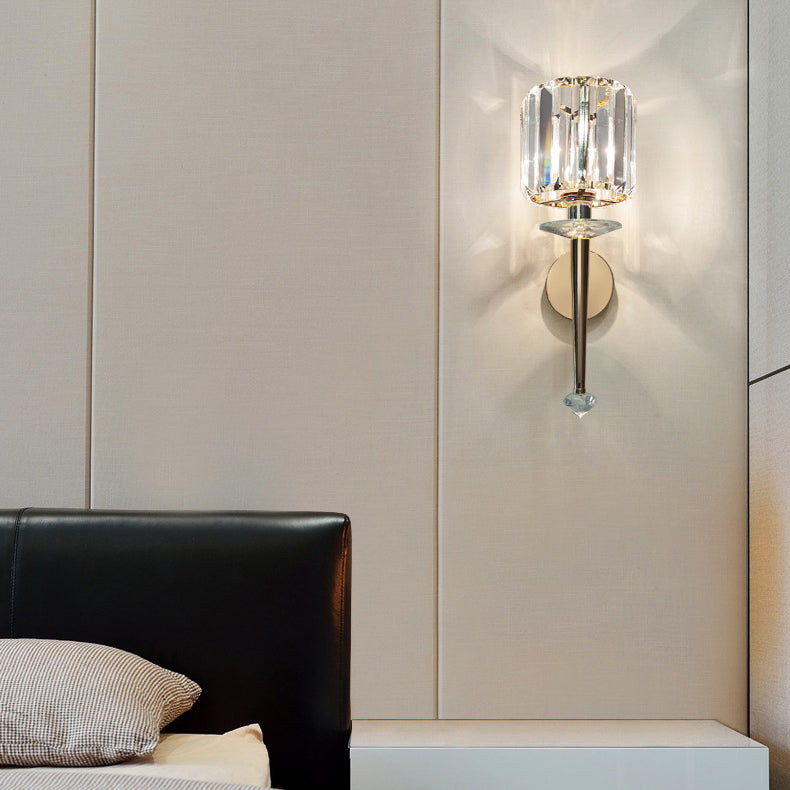 Modern Luxury Metal Iron Stainless Steel Crystal Ball Cylinder 1-Light Wall Sconce Lamp For Bedside