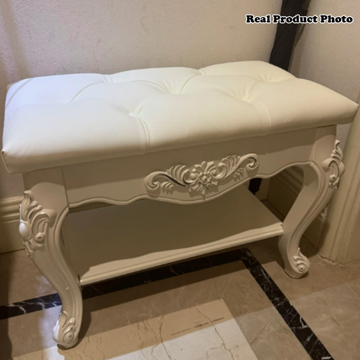 Tabouret rectangulaire traditionnel européen en bois massif avec gravure écologique, cuir synthétique à 2 niveaux pour les entrées 