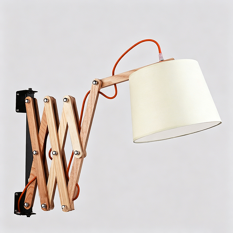 Traditional Vintage Linen Cone Ash Wood Iron Retractable Rotating 1-Light Wall Sconce Lamp for Living Room