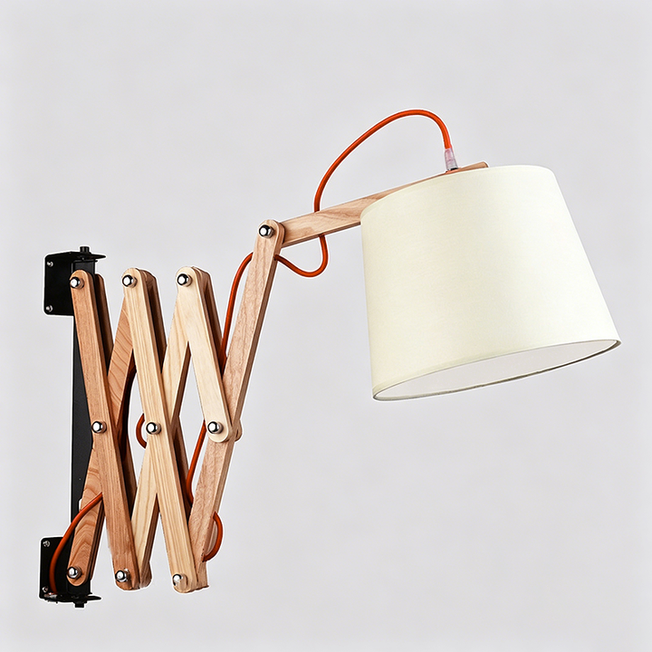 Traditional Vintage Linen Cone Ash Wood Iron Retractable Rotating 1-Light Wall Sconce Lamp for Living Room