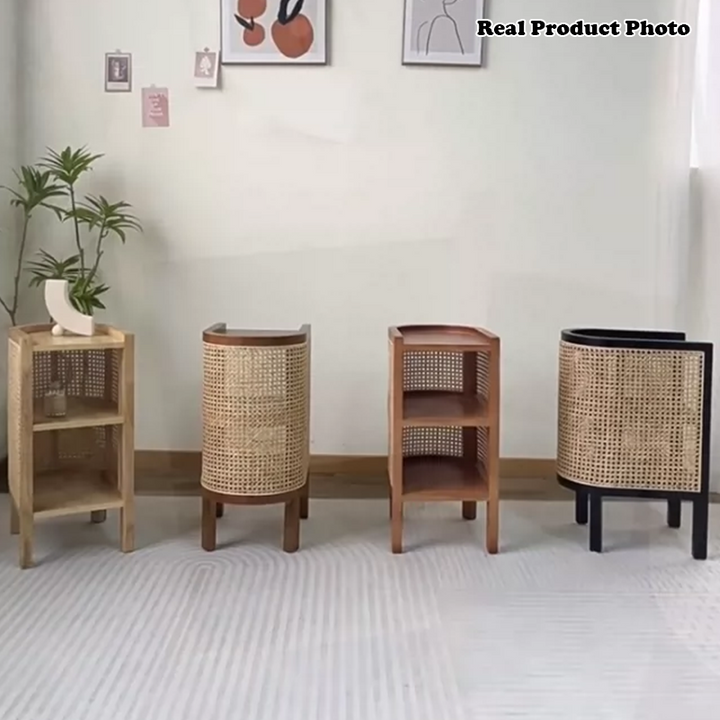 Traditional Japanese Weaving Semicircular Elliptical Faux Rattan Ash Wood Nightstand 2-Storage For Bedside