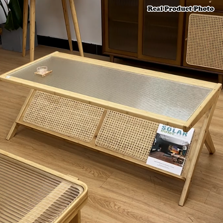 Mesa de café tradicional japonesa rectangular en forma de Z, de bambú, vidrio, resina y mimbre para sala de estar 