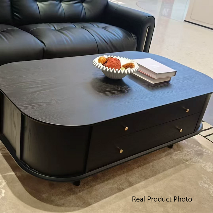Traditional Vintage Rubberwood Ash Veneer Elongated Oval Coffee Table With 2 Drawers For Living Room