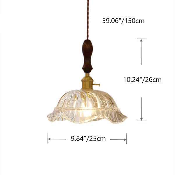 Traditionelle Vintage-Pendelleuchte mit Glas-Blumenschirm, Messing und Walnussholz, 1-flammig, für das Wohnzimmer 