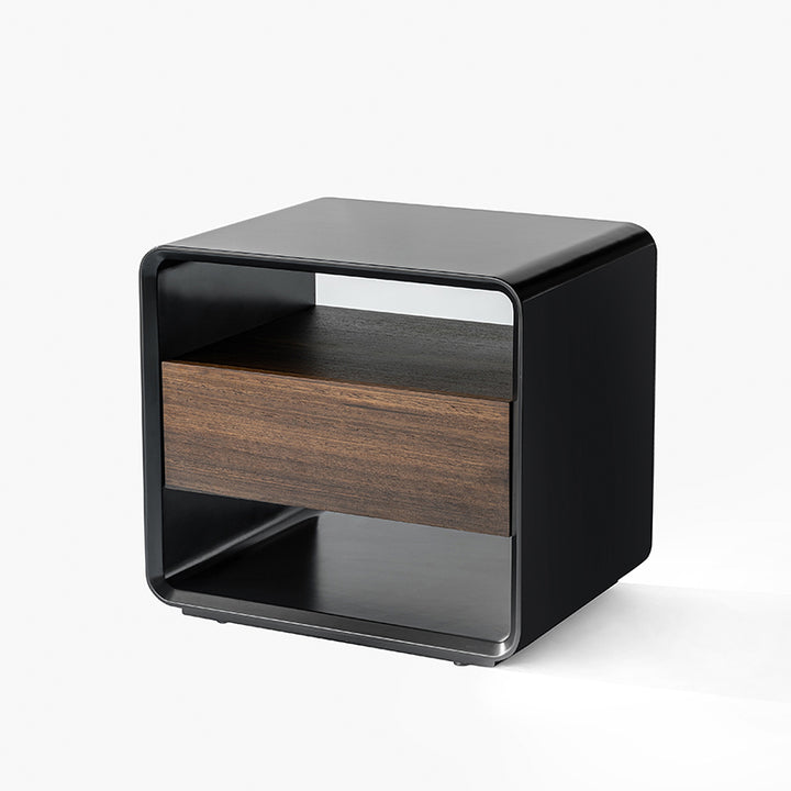 Moderner minimalistischer Nachttisch in schwarzem Lack: Holzfurnier mit einer Schublade - Eleganter offener Stauraum-Nachttisch für das Schlafzimmer 