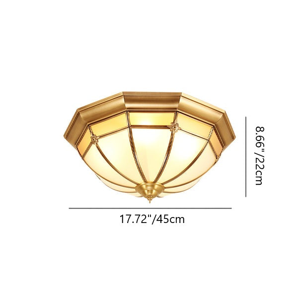 Traditional Chinese Copper Glass Round Flower Pattern 3/4/6 Light Flush Mount Ceiling Light for Living Room