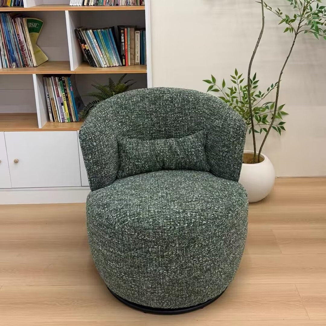 Moderner runder Akzentstuhl im Retro-Stil aus Sperrholz und Stahl mit Drehfunktion, Polsterung und Rückenlehne für das Wohnzimmer 