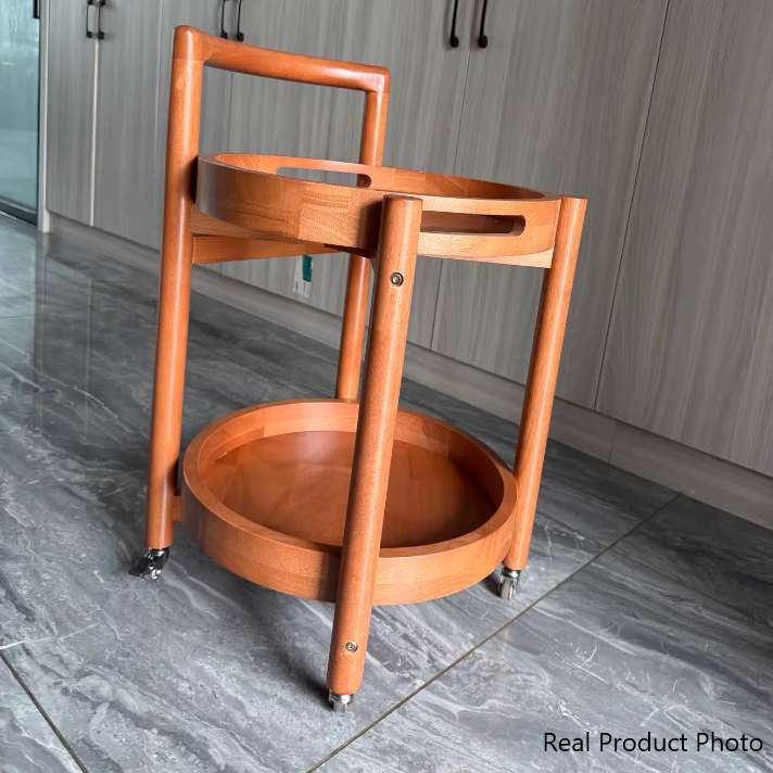 Chariot roulant à 2 niveaux avec plateau rond traditionnel en bois massif pour salon 