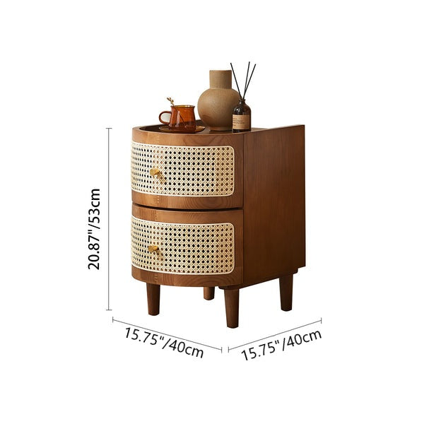 Table de chevet à 2 tiroirs en bois massif courbé vintage traditionnel, panneau multicouche en bois massif, tressage plastique, pour chambre à coucher 
