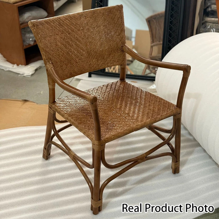 Traditional Farmhouse Weaving Rattan Square Dining Chair Backrest Armrest For Living Room