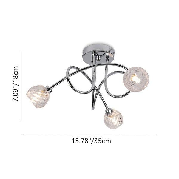 Modern Luxury Iron Glass Twisted Lines Curved 3-Light Semi- Flush Mount Ceiling Light for Living Room