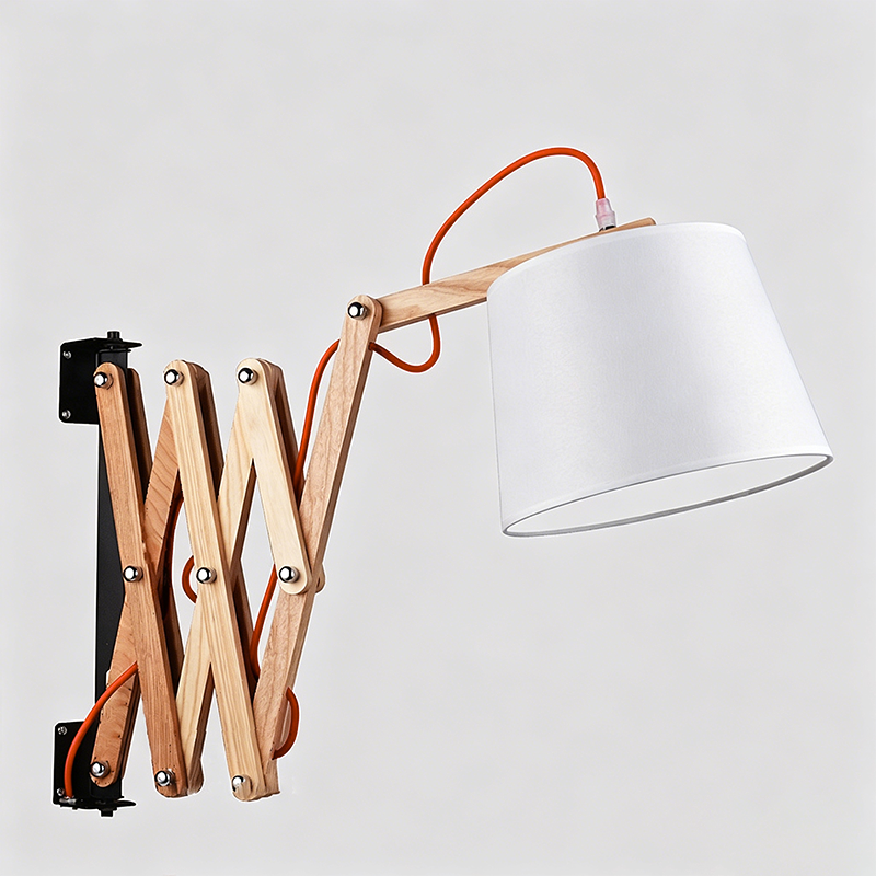 Traditional Vintage Linen Cone Ash Wood Iron Retractable Rotating 1-Light Wall Sconce Lamp for Living Room