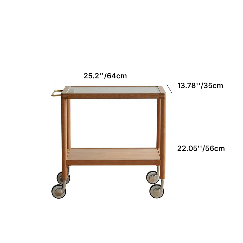 Contemporary Retro Rectangular Glass Top Pine Frame End Table 2-Tier Casters For Living Room