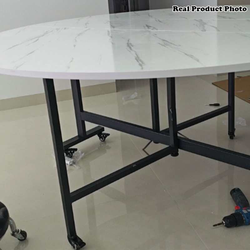Mesa de comedor redonda plegable y móvil de tablero de partículas y acero al carbono de estilo minimalista moderno para 3/5/6/8/10 plazas 