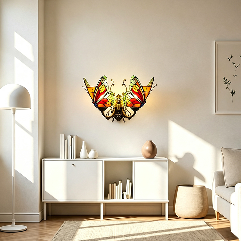 Traditional Tiffany Glass Iron Butterfly-shaped 2-Light Wall Sconce Lamp For Living Room &amp; Bedroom
