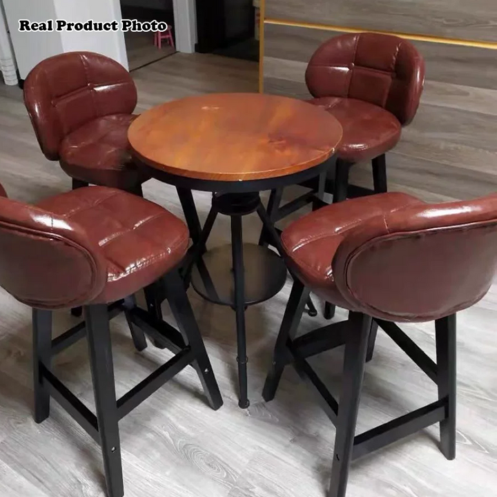 Taburete de bar redondo de lujo contemporáneo en tela, cuero sintético encerado al aceite y madera de caucho, con respaldo bajo y reposapiés, para comedor 