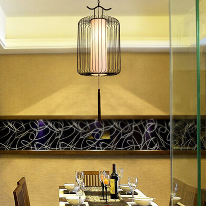 Nouveau style chinois rétro suspension à 1 lumière avec abat-jour en forme de cage à oiseaux 