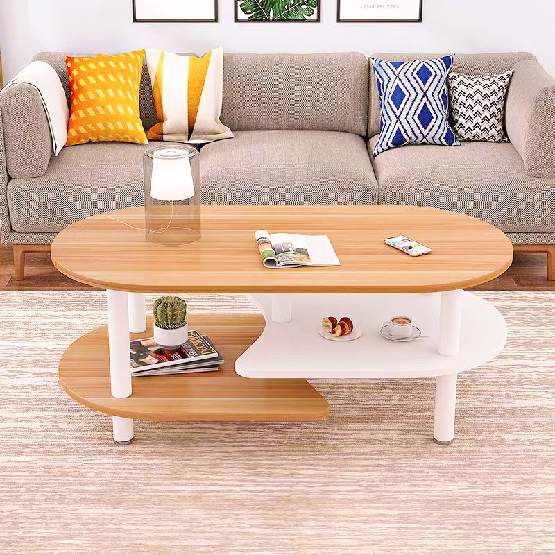 Moderner skandinavischer Couchtisch aus Holzwerkstoff mit Holzbeinen, gebogener ovaler Form und 3 Ebenen für das Wohnzimmer 