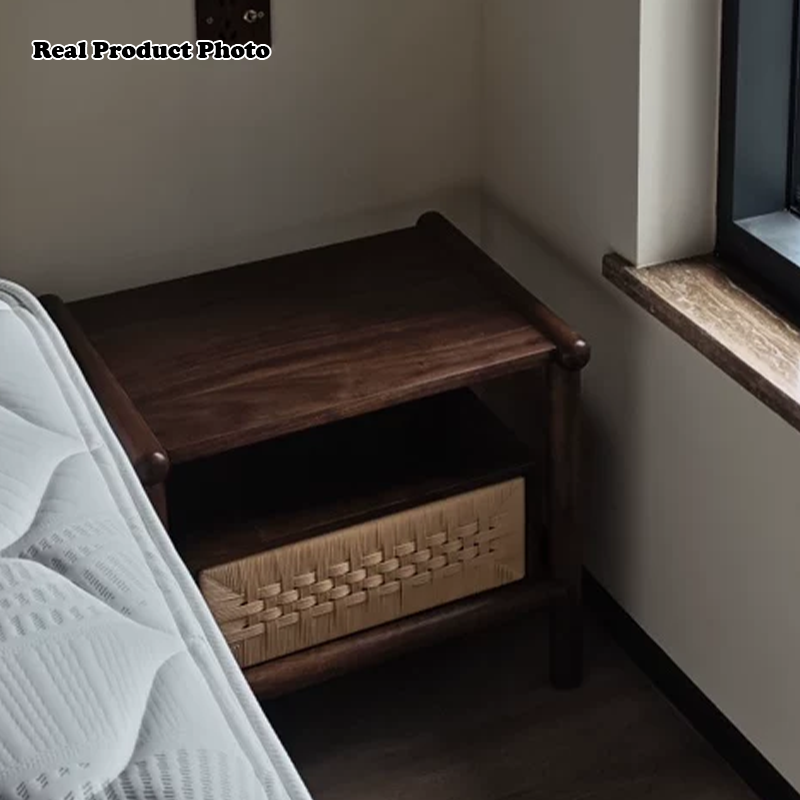 Traditional Japanese Rectangular Black Walnut Kraft Paper Twine Nightstand 1-Drawer For Bedroom
