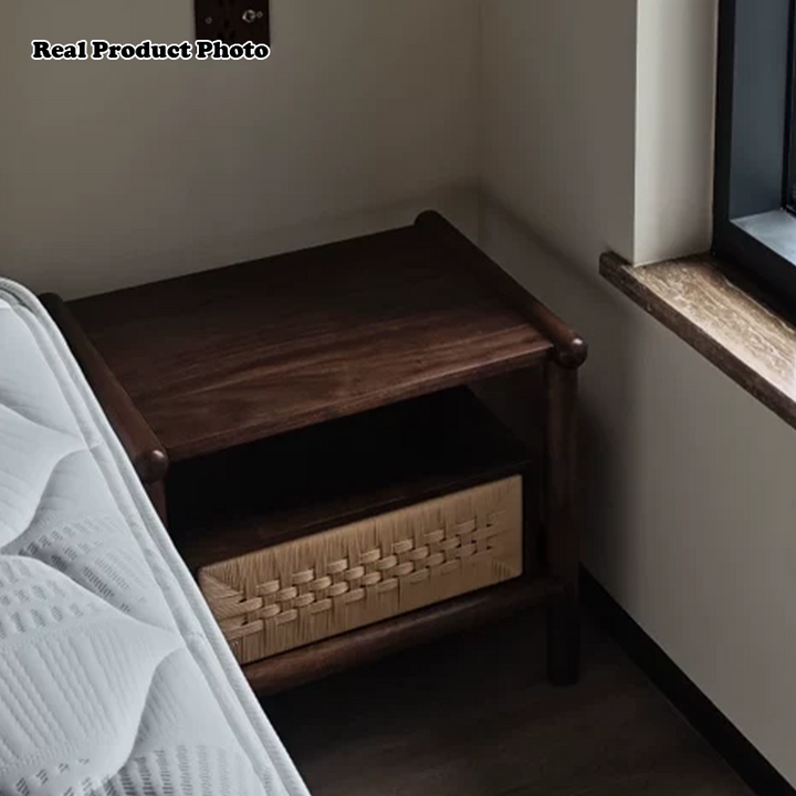 Traditional Japanese Rectangular Black Walnut Kraft Paper Twine Nightstand 1-Drawer For Bedroom