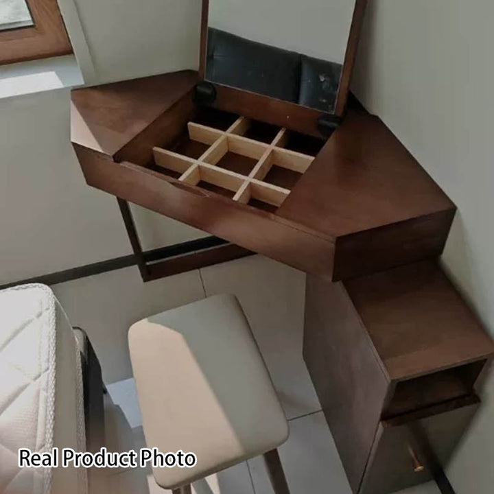 Modern Minimalist Rectangular Hexagonal Rubberwood Plywood Glass Microfiber Leather Makeup Vanity 4-Tier For Bedroom