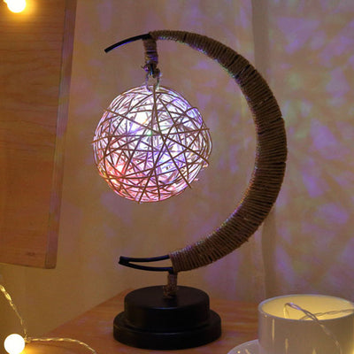 Modern Decorative Moon Orb Stars Iron Plastic Rattan Battery USB Table Lamp