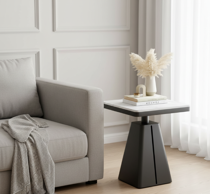 Contemporary Scandinavian Square Carbon Steel Sintered Stone Side Table For Living Room