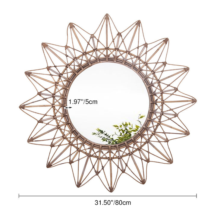 Zeitgenössischer Boho-Sonnenstrahl handgewebter indonesischer Rattan-Wandspiegel - Nordischer natürlicher dekorativer runder Spiegel für Wohnzimmer, Schlafzimmer & Eingang 