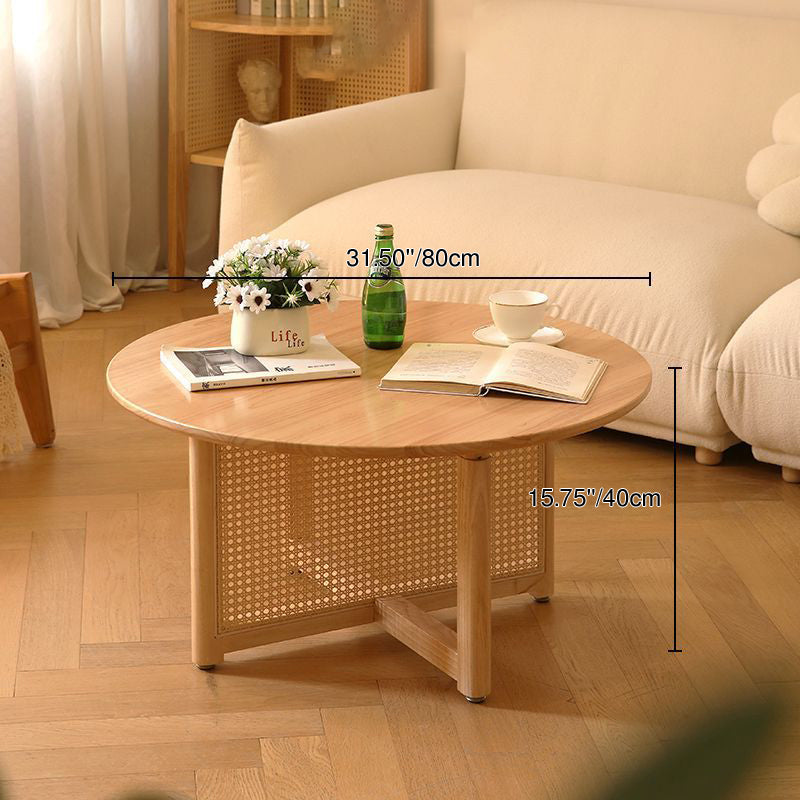 Traditional Japanese Round Rectangular Wicker-Woven Solid Wood Side Table 1-Tier For Living Room