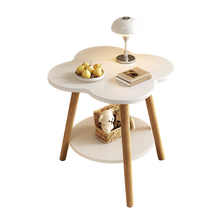 Mesa Auxiliar Redonda de Madera Maciza y Metal con Forma de Flor Contemporánea de 2 Niveles para Sala de Estar 
