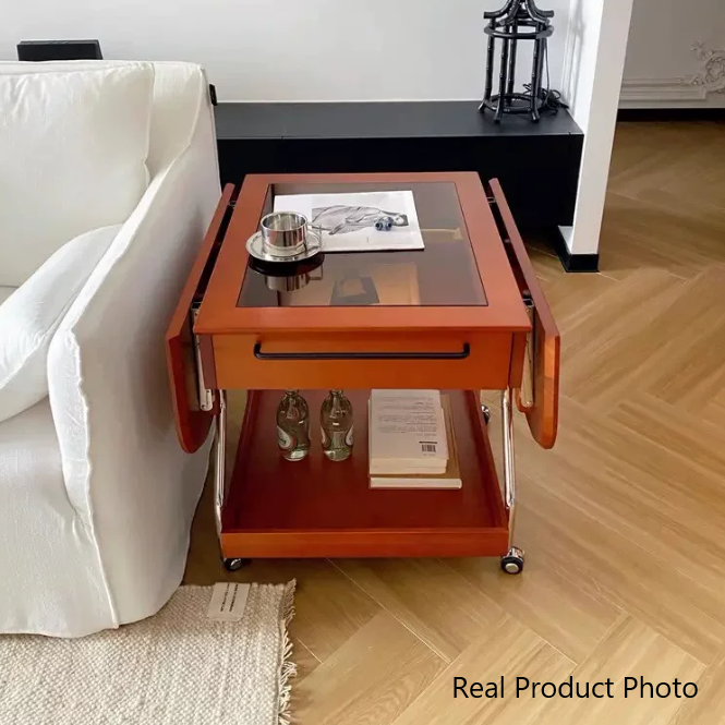 Contemporary Retro Removable Foldable Rectangular Glass Pine Wood Stainless Steel Coffee Table 2-Tier 1-Storage For Living Room