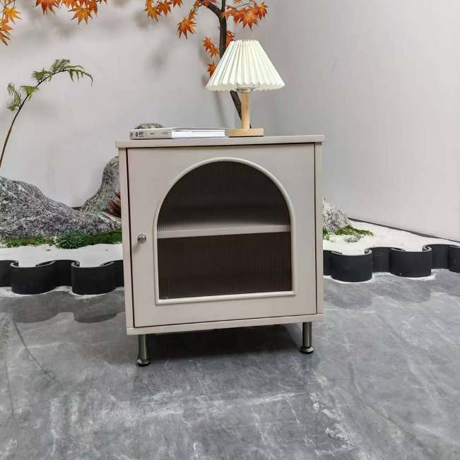 Contemporary Scandinavian Ribbed Glass Door Bedside Table - Semi-Transparent Nightstand For Bedroom