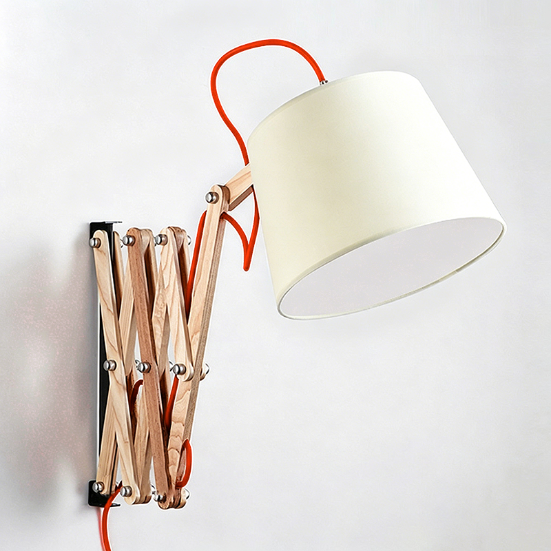 Traditional Vintage Linen Cone Ash Wood Iron Retractable Rotating 1-Light Wall Sconce Lamp for Living Room