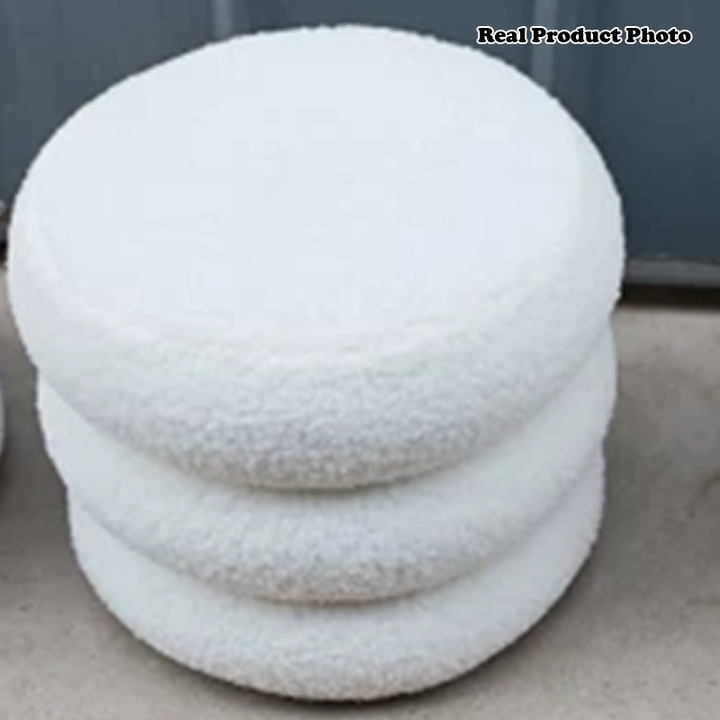 Moderner minimalistischer Schminkhocker mit zylindrischem Gestell aus Sherpa-Stoff und Sperrholz fürs Schlafzimmer 
