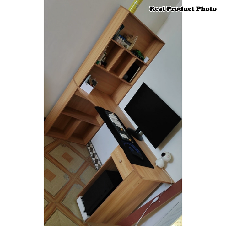 Modern Minimalist Rectangular L-Shaped Medium Density Fiberboard Desk With Bookshelf 5-Tier 1 Drawer For Home Office