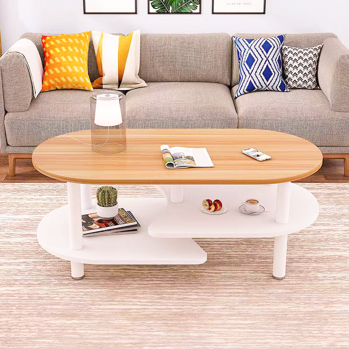 Moderner skandinavischer Couchtisch aus Holzwerkstoff mit Holzbeinen, gebogener ovaler Form und 3 Ebenen für das Wohnzimmer 