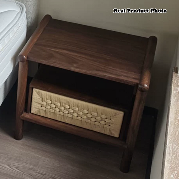 Traditional Japanese Rectangular Black Walnut Kraft Paper Twine Nightstand 1-Drawer For Bedroom